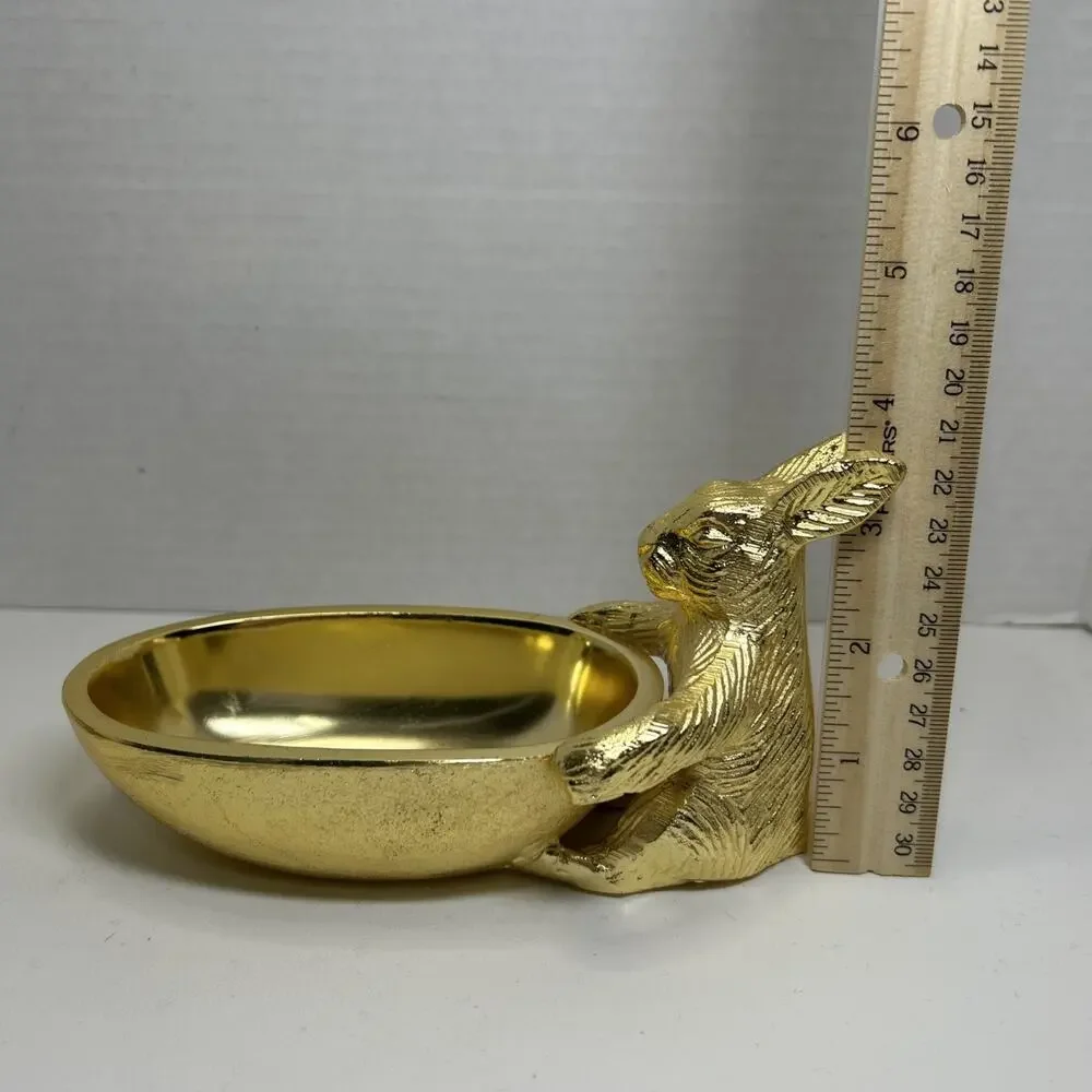 Goldtone Cast Metal Bunny Rabbit With Egg Shape Candy Trinket Dish Tray 6 X 4